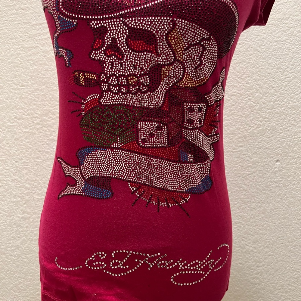 Ed Hardy Pink Magenta Skull Rhinestone Graphic Tee Y2K vintage - Picture 2 of 7